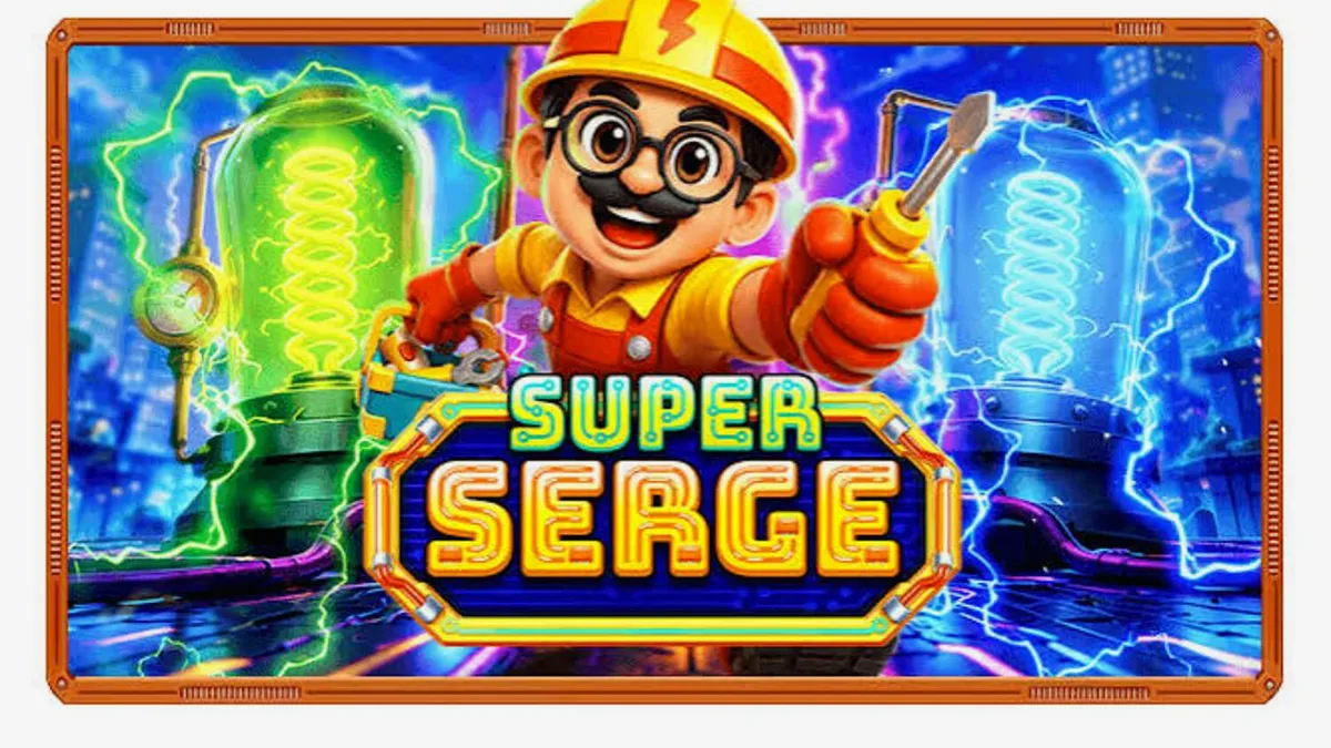Tampilan visual slot Super Serge dengan tema neon futuristik